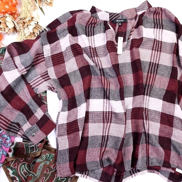 🔴 New Madewell Red Grey White Plaid Top Sz XL - Picture 3 of 8